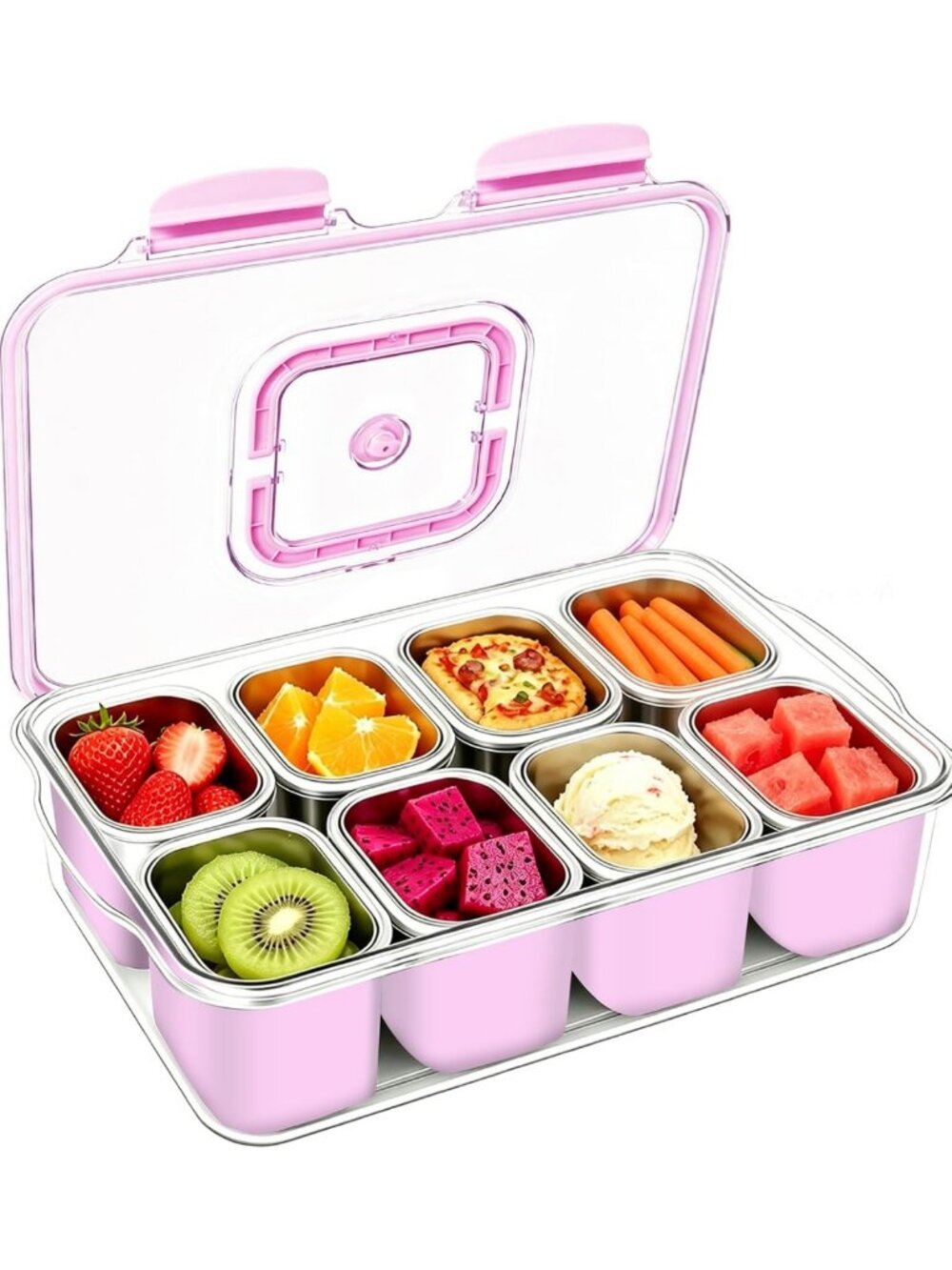 Large Stainless Steel Snack Tray with Lid & Handle, 8-Compartment Platter for